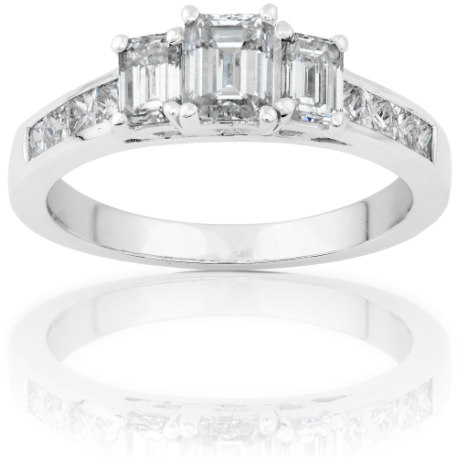3 Stone Emerald Cut Diamond Ring in 14k White Gold - Click Image to Close